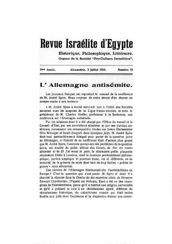 Revue israélite d'Egypte. Vol. 5 n° 13  (02 juillet 1916)